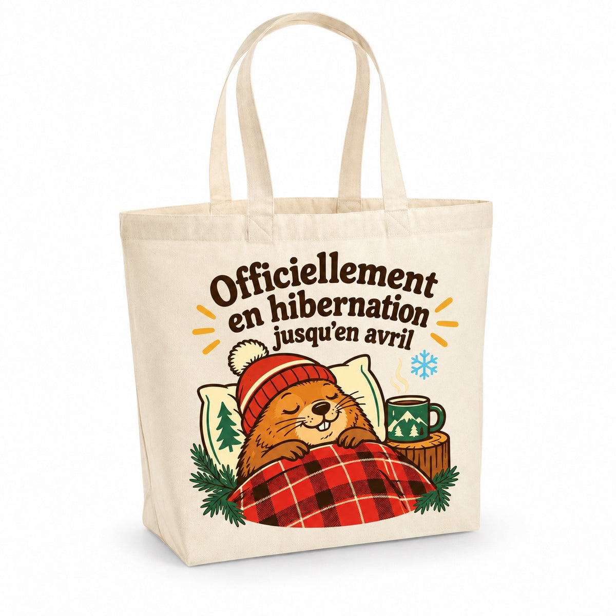 Tote bag « Officiellement en hibernation jusqu'en avril » Premium, cabas à soufflet en coton naturel 200 g/m² de 18 litres, illustration rétro : une marmotte endormie en tuque, bien au chaud sous une couverture à carreaux rouges, une tasse à ses côtés