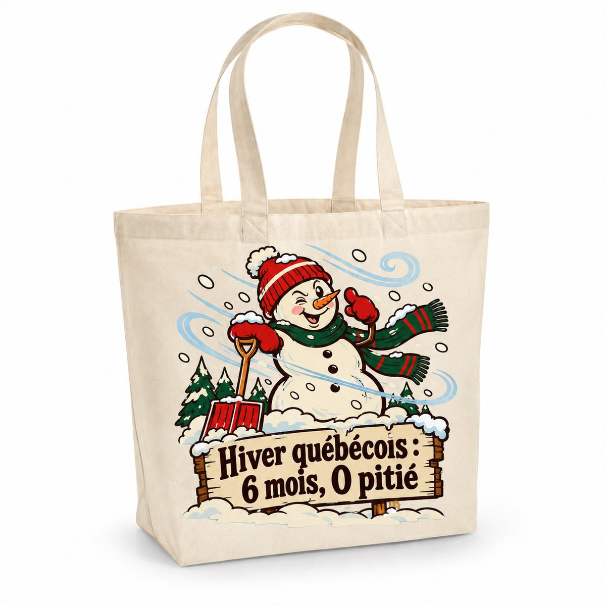 Tote bag « Hiver québécois : 6 mois, 0 pitié » Premium, cabas à soufflet en coton naturel 200 g/m² de 18 litres, illustration rétro : un bonhomme de neige espiègle en tuque, pris dans une bourrasque, une pelle plantée dans la neige