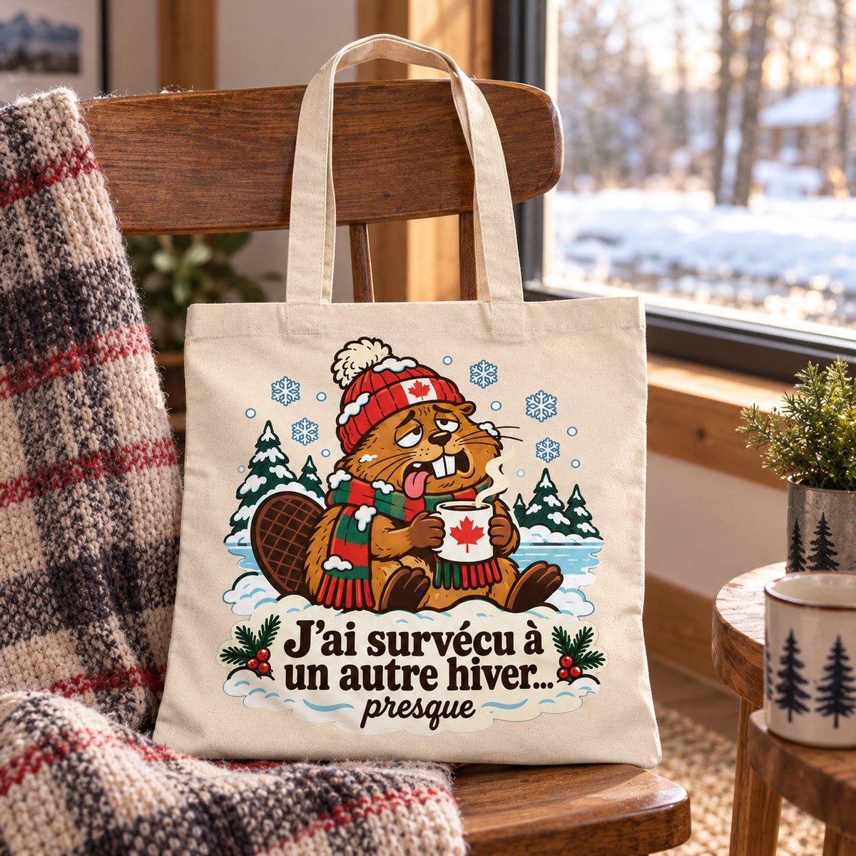 Tote bag « J'ai survécu à un autre hiver… presque » Essentiel posé sur une chaise, décor d'hiver