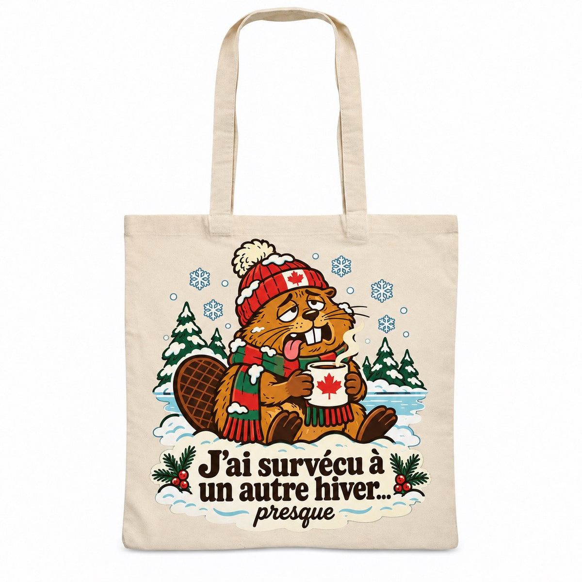 Tote bag « J'ai survécu à un autre hiver… presque » Essentiel, sac plat en coton naturel 140 g/m² de 38 × 42 cm, illustration rétro : un castor épuisé en tuque et grosse écharpe, une tasse chaude entre les pattes, couvert de givre