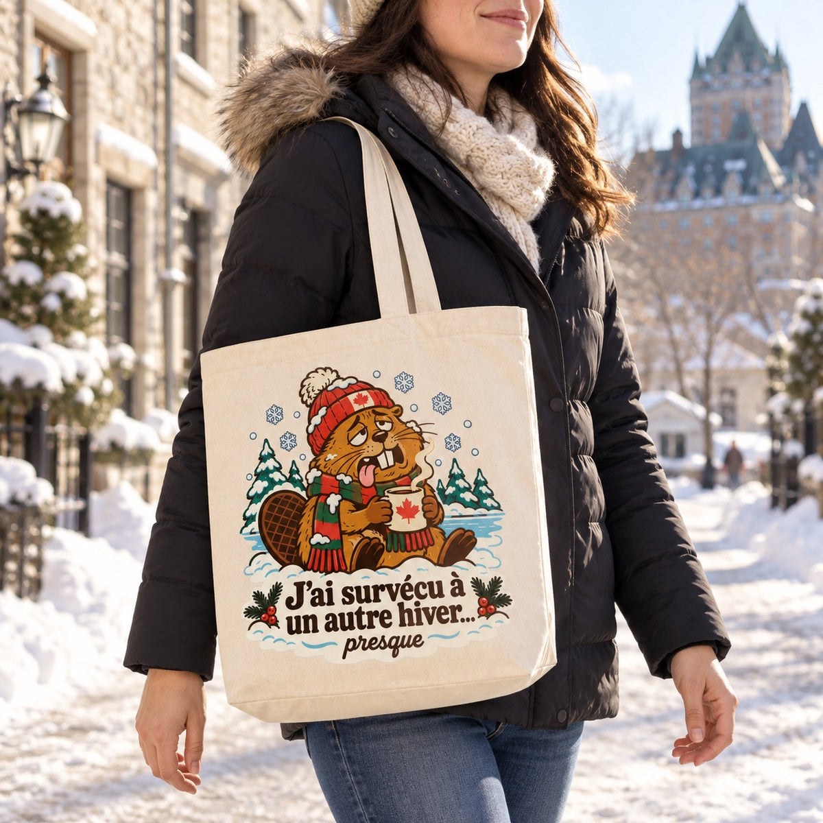 Tote bag « J'ai survécu à un autre hiver… presque » Premium porté à l'épaule dans une rue québécoise en hiver