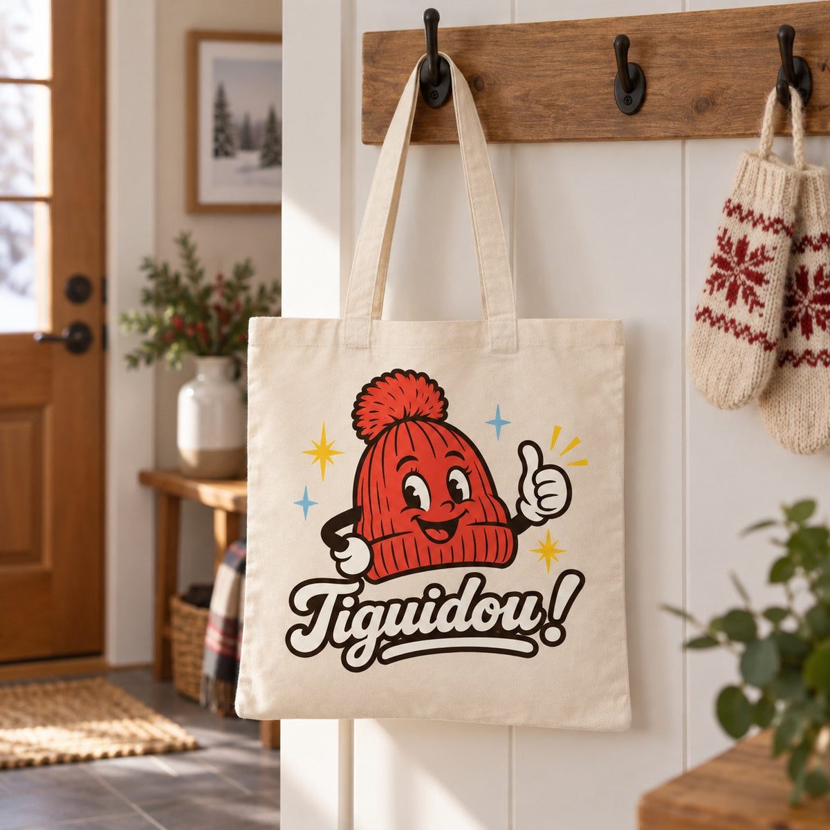 Tote bag « Tiguidou ! » Essentiel suspendu à une patère dans une entrée