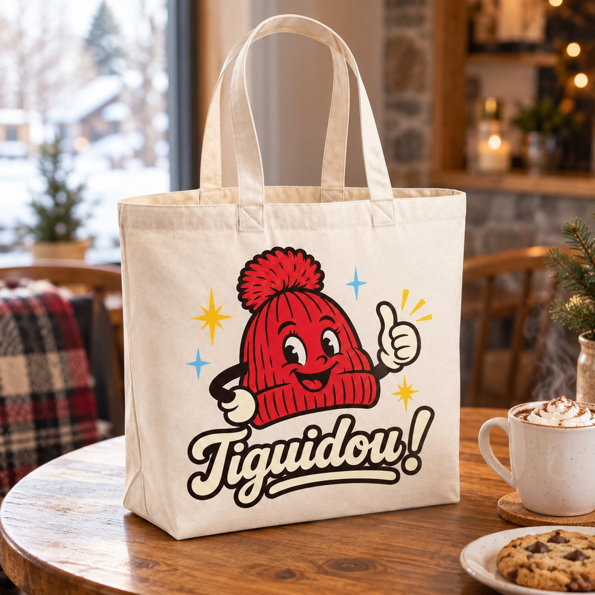 Tote bag « Tiguidou ! » Premium posé de trois quarts sur une table