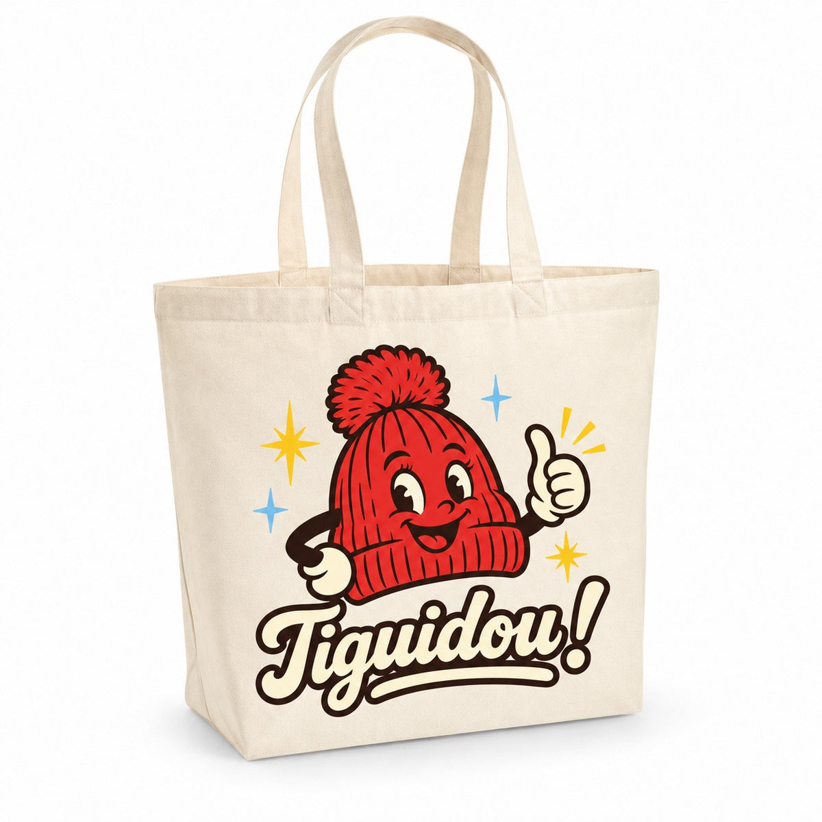 Tote bag « Tiguidou ! » Premium, cabas à soufflet en coton naturel 200 g/m² de 18 litres, illustration rétro : une tuque rouge à pompon tout sourire qui lève le pouce de sa main gantée, entourée de petites étoiles