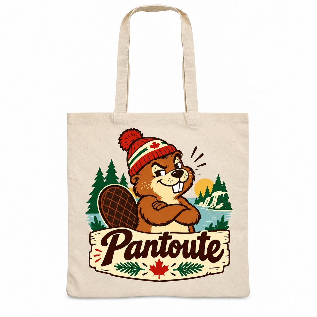 Tote bag « Pantoute » Essentiel, sac plat en coton naturel 140 g/m² de 38 × 42 cm, illustration rétro : un castor espiègle en tuque, bras croisés, à l'air catégorique et amusant