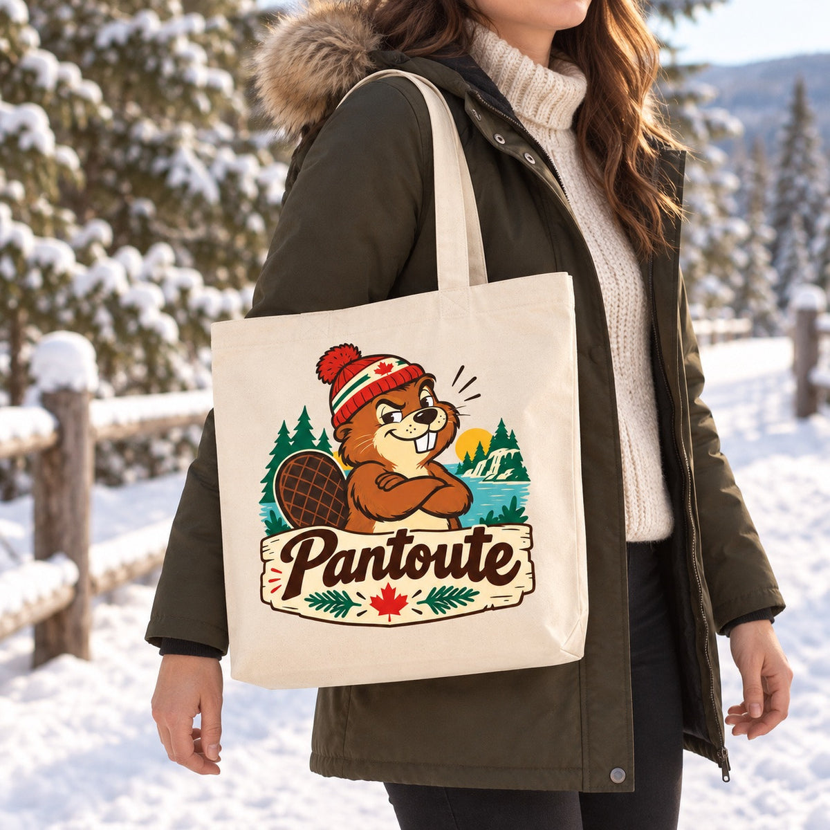 Tote bag « Pantoute » Premium porté à l'épaule dans une rue québécoise en hiver