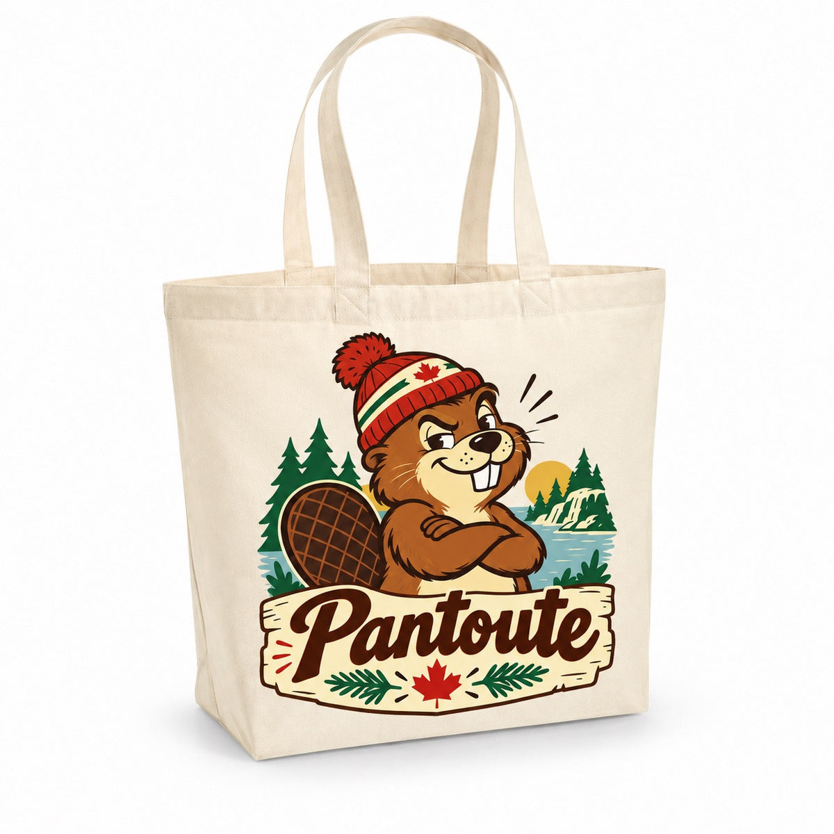 Tote bag « Pantoute » Premium, cabas à soufflet en coton naturel 200 g/m² de 18 litres, illustration rétro : un castor espiègle en tuque, bras croisés, à l'air catégorique et amusant