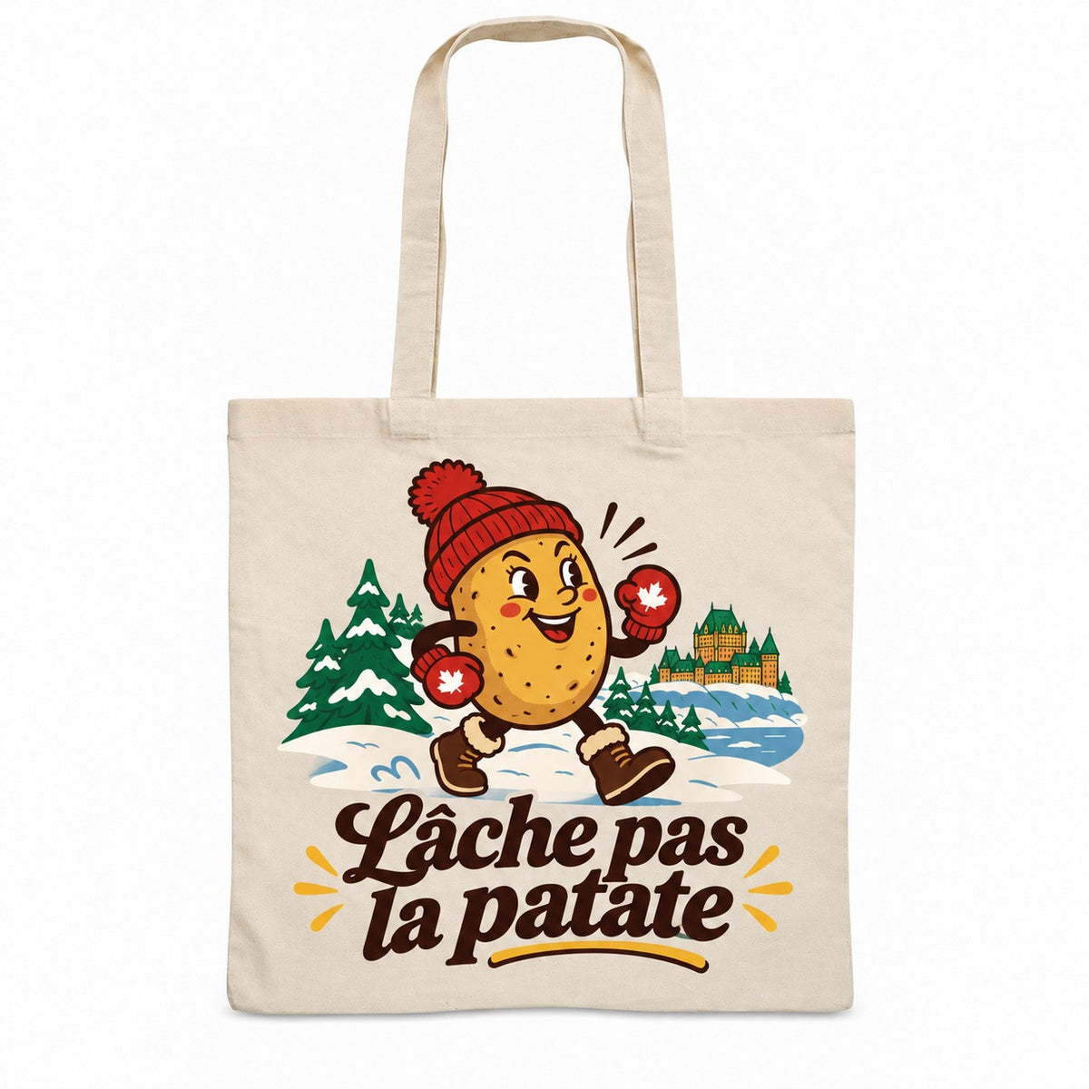 Tote bag « Lâche pas la patate » Essentiel, sac plat en coton naturel 140 g/m² de 38 × 42 cm, illustration rétro : une pomme de terre souriante en tuque rouge, mitaines serrées, dans une posture déterminée et drôle