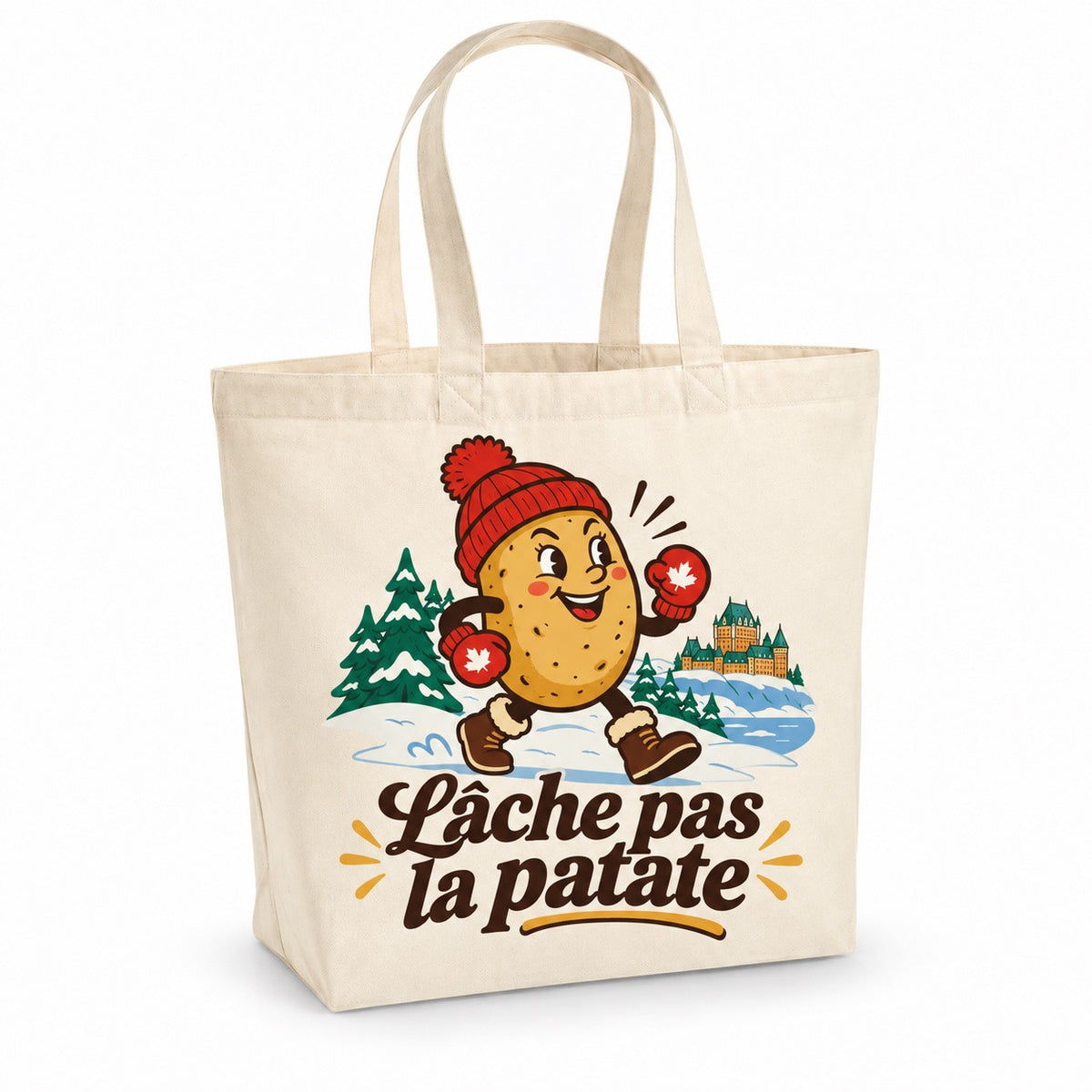 Tote bag « Lâche pas la patate » Premium, cabas à soufflet en coton naturel 200 g/m² de 18 litres, illustration rétro : une pomme de terre souriante en tuque rouge, mitaines serrées, dans une posture déterminée et drôle