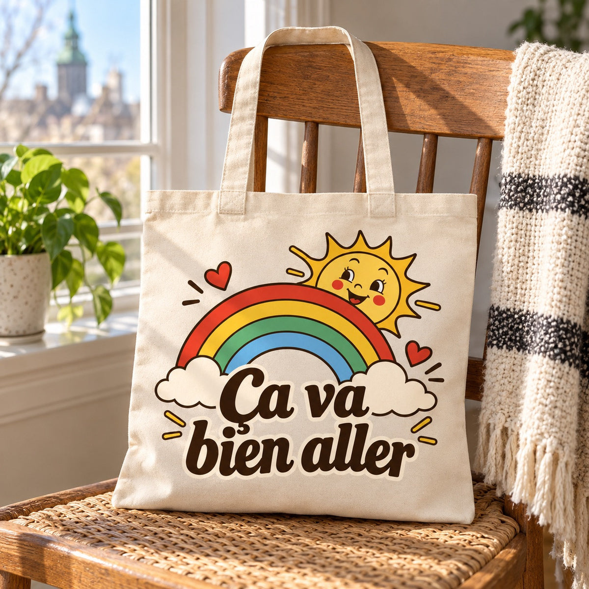 Tote bag « Ça va bien aller » Essentiel posé sur une chaise, décor d'hiver