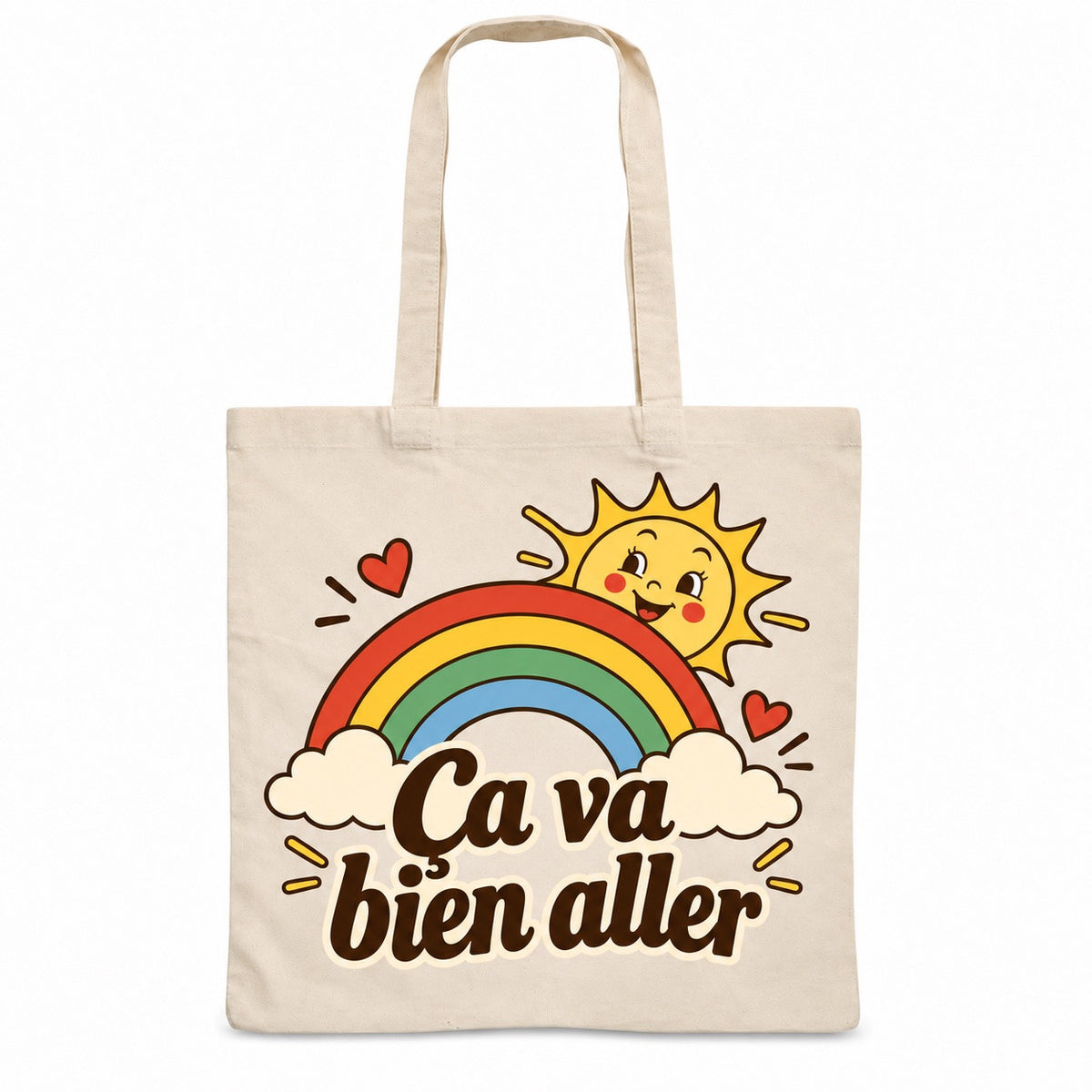 Tote bag « Ça va bien aller » Essentiel, sac plat en coton naturel 140 g/m² de 38 × 42 cm, illustration rétro : un arc-en-ciel chaleureux rouge, moutarde, vert sauge et bleu poudré, avec un petit soleil souriant et deux cœurs