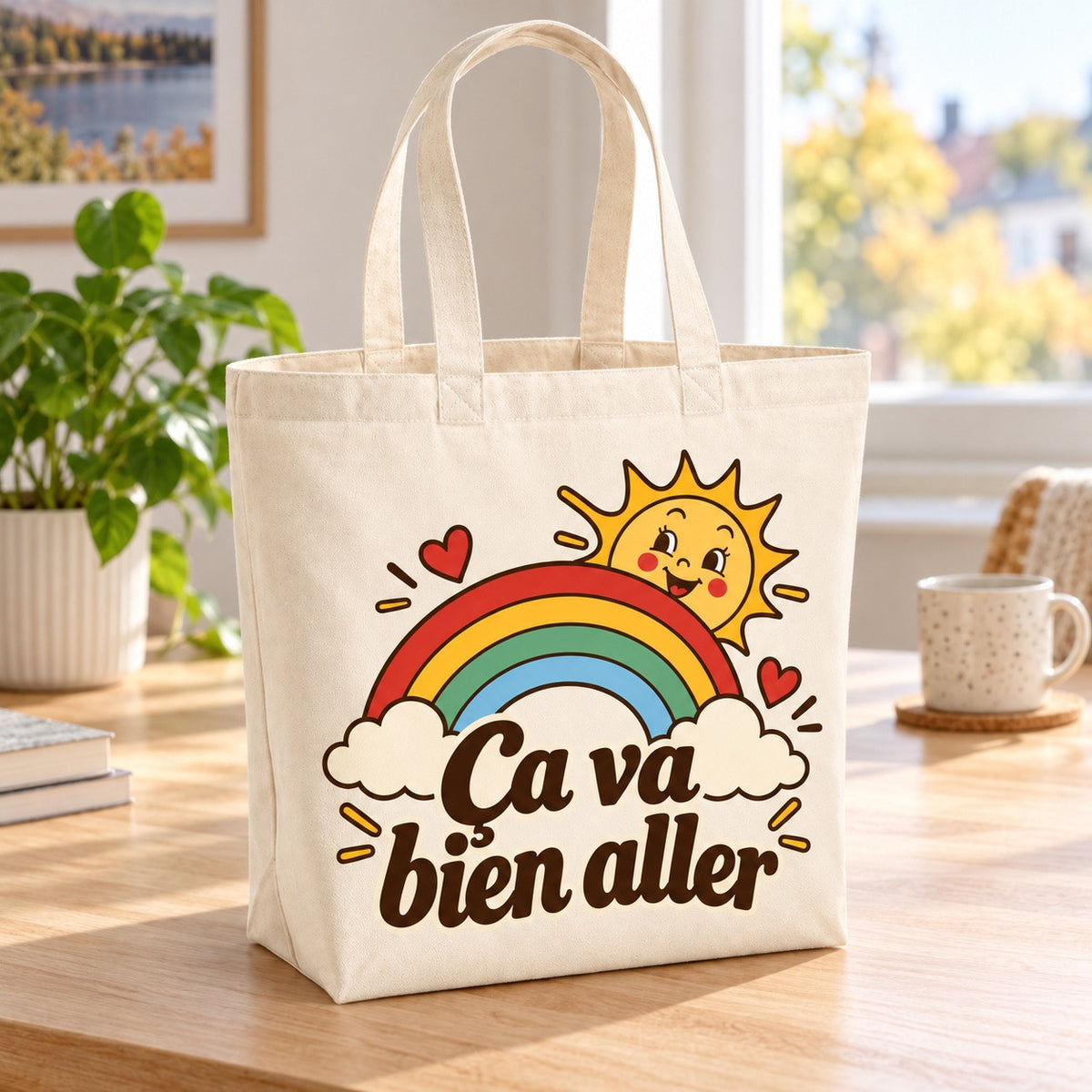 Tote bag « Ça va bien aller » Premium posé de trois quarts sur une table