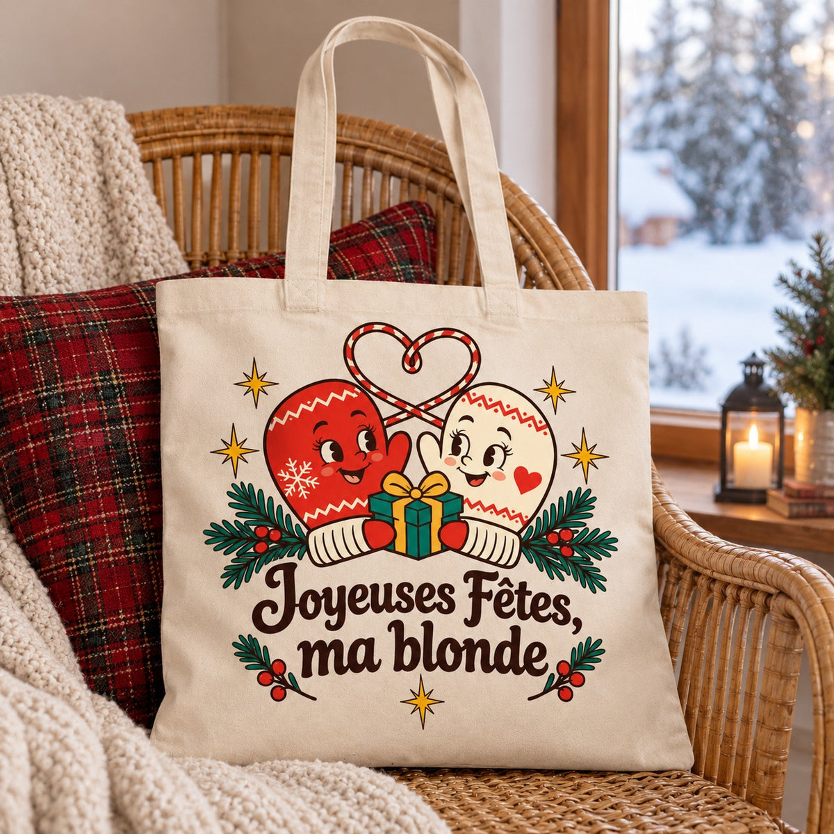 Tote bag « Joyeuses Fêtes, ma blonde » Essentiel posé sur une chaise, décor d'hiver