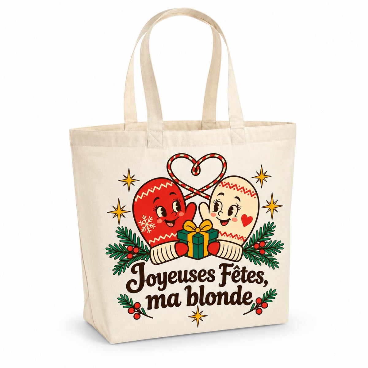 Tote bag « Joyeuses Fêtes, ma blonde » Premium, cabas à soufflet en coton naturel 200 g/m² de 18 litres, illustration rétro : deux mitaines rouge et crème reliées en forme de cœur autour d'un petit cadeau, entre branches de sapin et étoiles