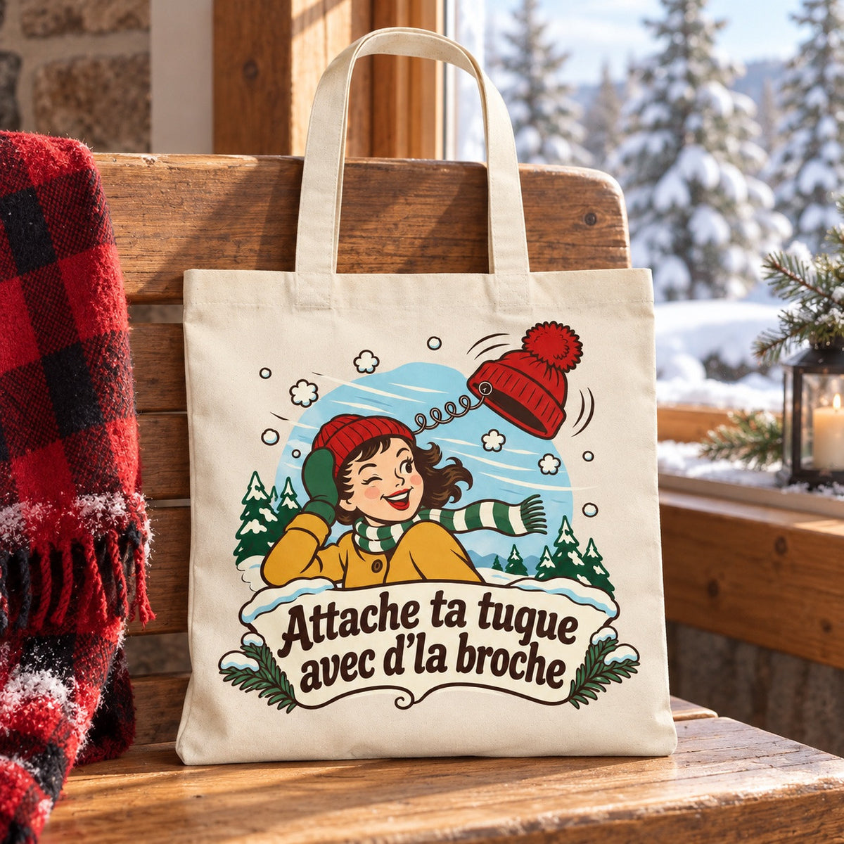 Tote bag « Attache ta tuque avec d'la broche » Essentiel posé sur une chaise, décor d'hiver
