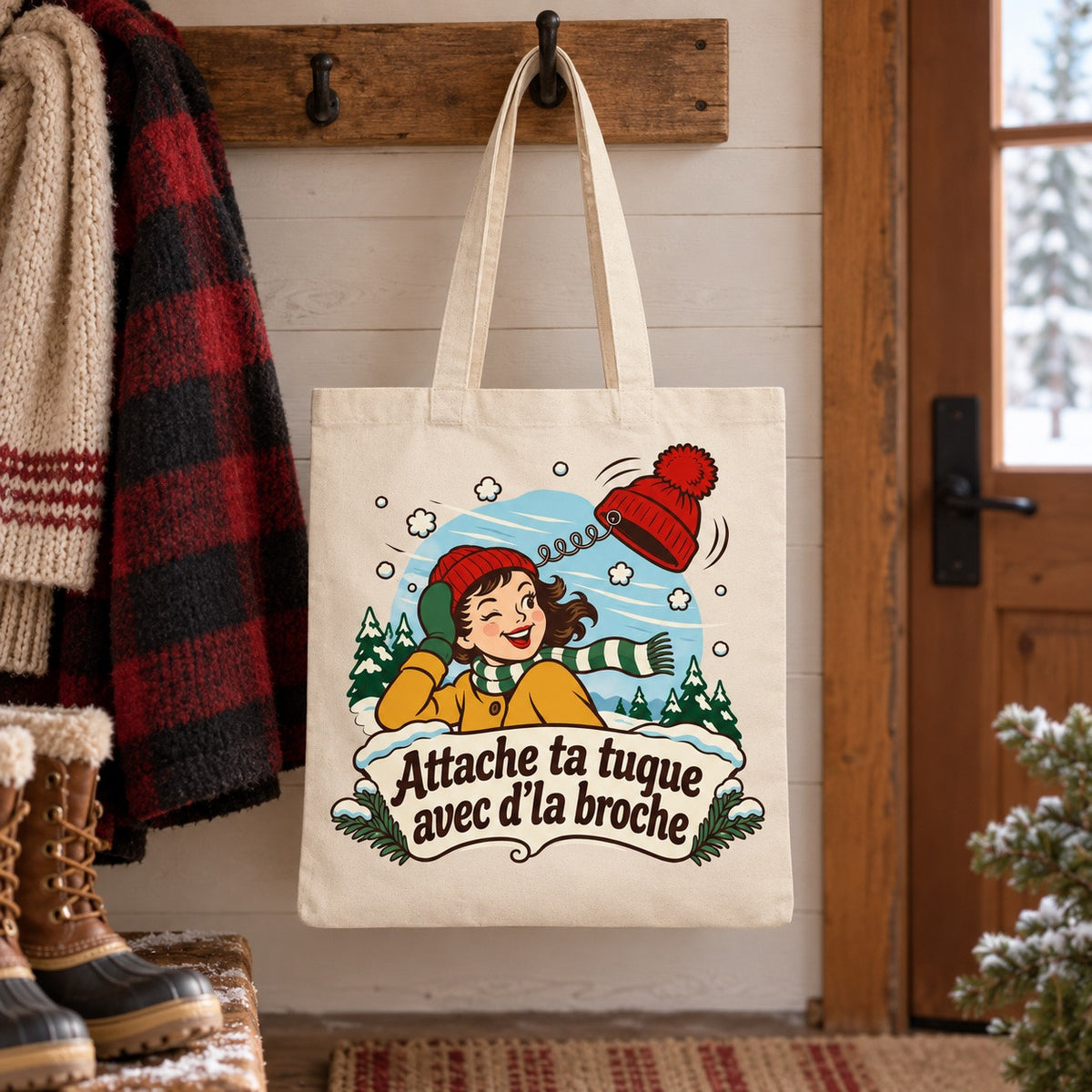 Tote bag « Attache ta tuque avec d'la broche » Essentiel suspendu à une patère dans une entrée