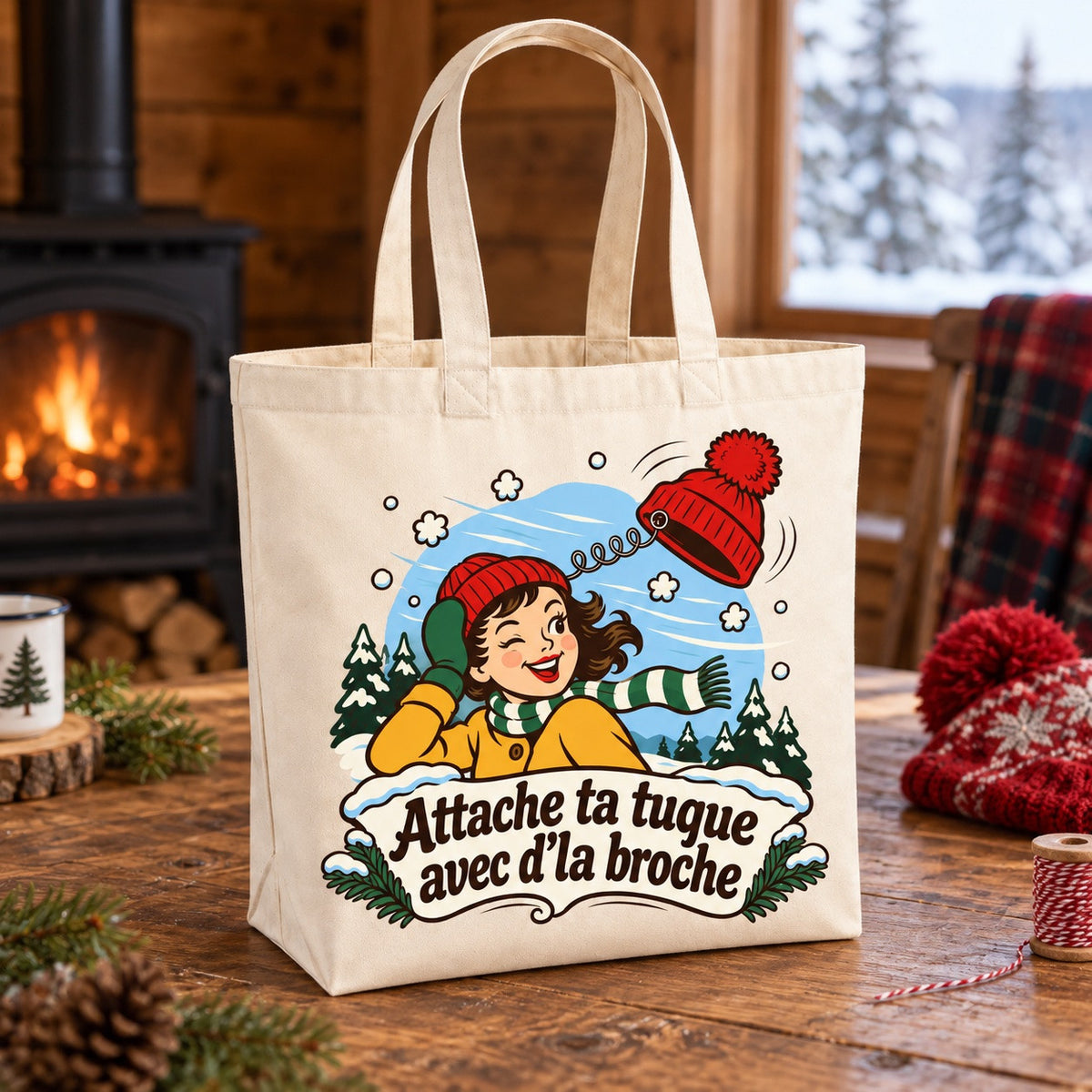 Tote bag « Attache ta tuque avec d'la broche » Premium posé de trois quarts sur une table
