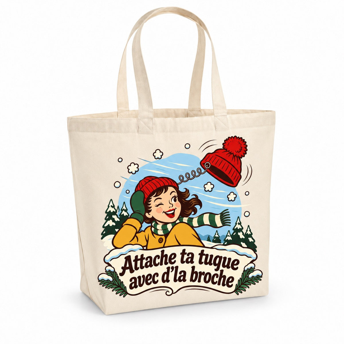 Tote bag « Attache ta tuque avec d'la broche » Premium, cabas à soufflet en coton naturel 200 g/m² de 18 litres, illustration rétro : une tuque rouge à gros pompon emportée par une bourrasque, retenue par un fil de fer recourbé, au milieu de flocons comiques
