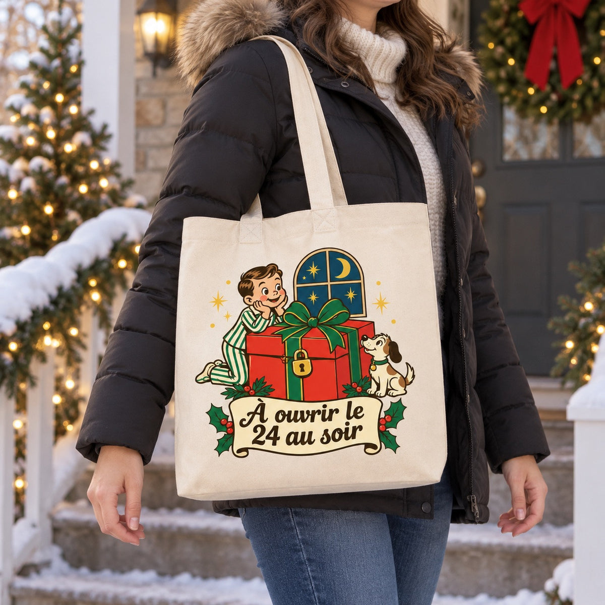 Tote bag « À ouvrir le 24 au soir » Premium porté à l'épaule dans une rue québécoise en hiver