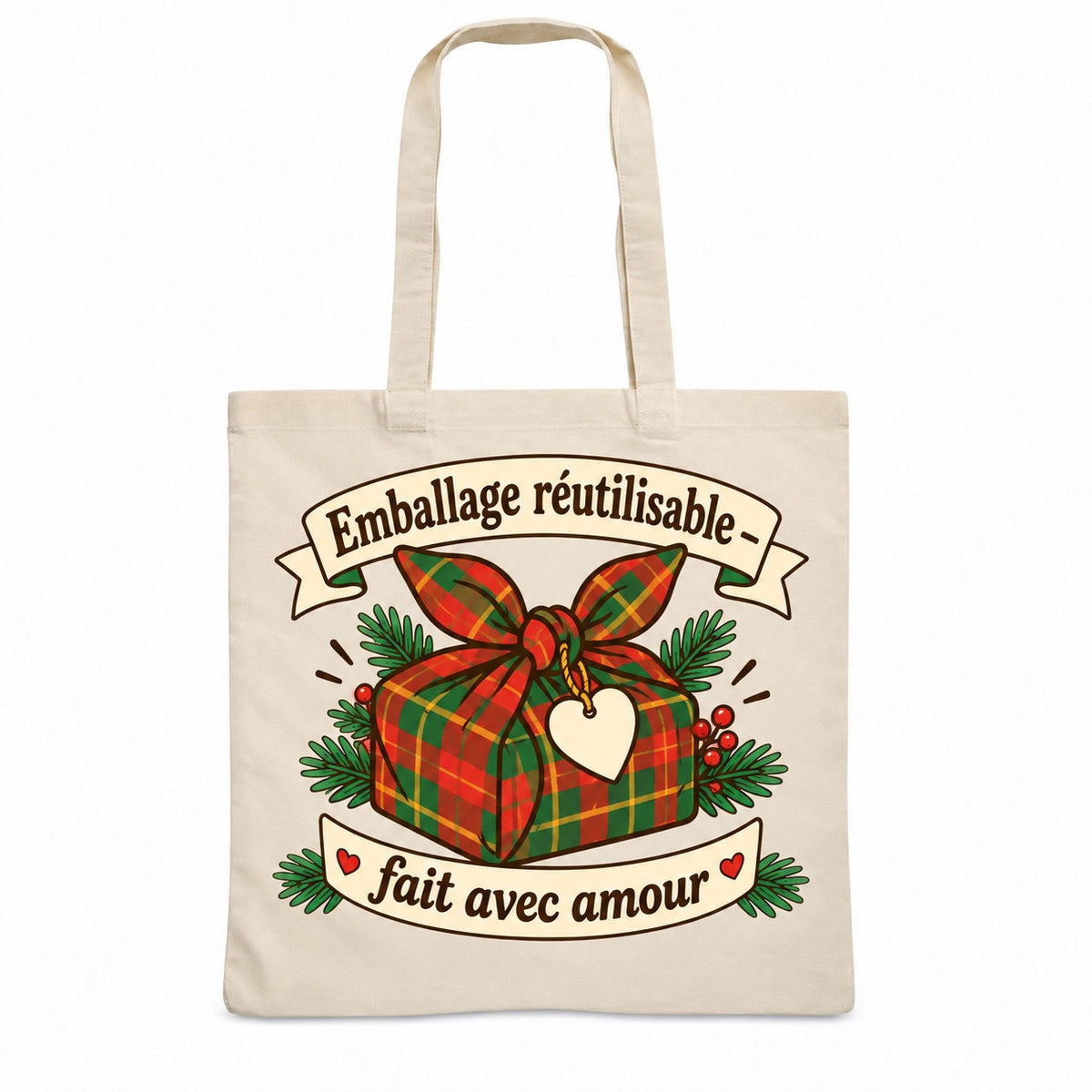 Tote bag « Emballage réutilisable — fait avec amour » Essentiel, sac plat en coton naturel 140 g/m² de 38 × 42 cm, illustration rétro : un paquet cadeau noué dans un tissu à carreaux rouge et vert, avec une étiquette en forme de cœur et des branches de sapin