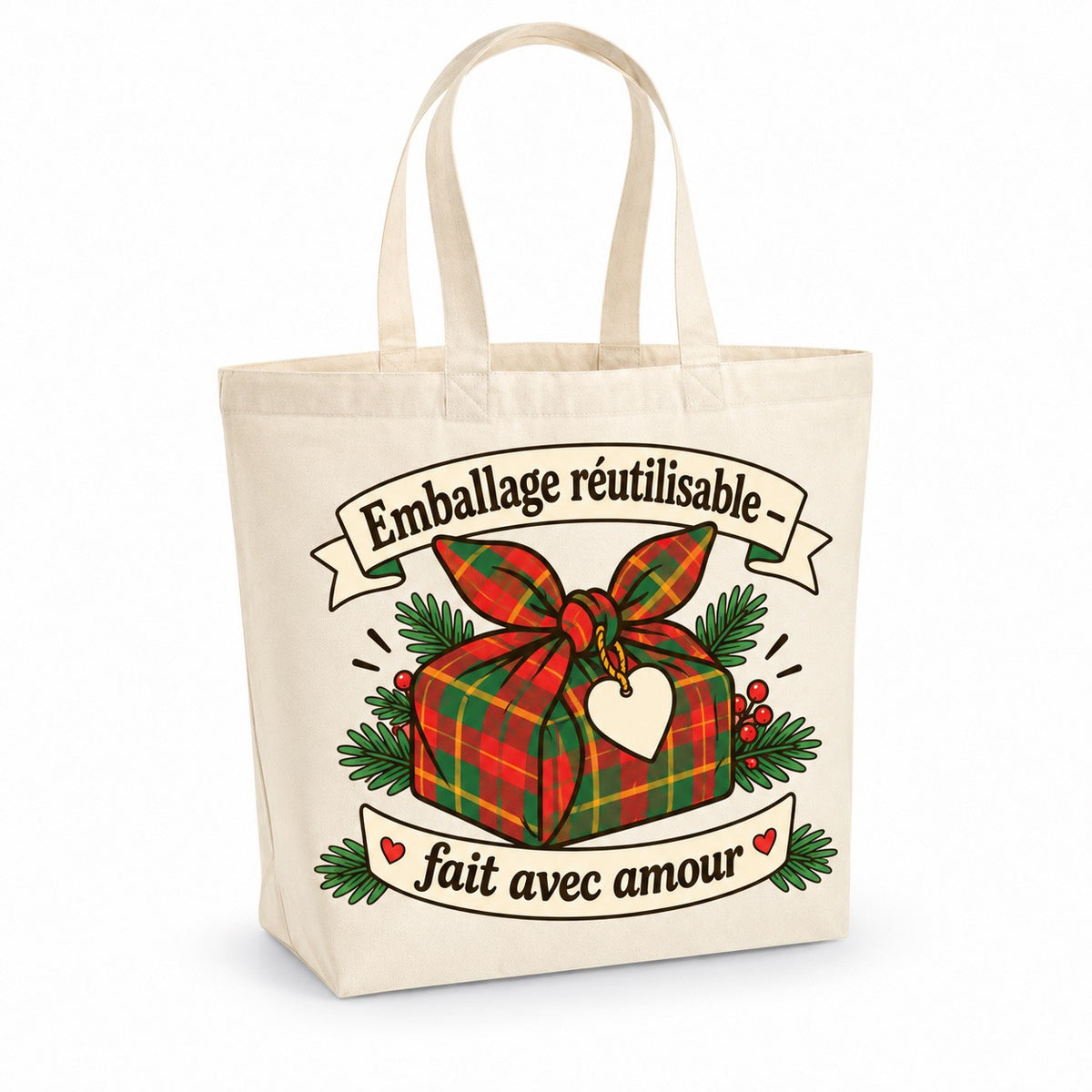 Tote bag « Emballage réutilisable — fait avec amour » Premium, cabas à soufflet en coton naturel 200 g/m² de 18 litres, illustration rétro : un paquet cadeau noué dans un tissu à carreaux rouge et vert, avec une étiquette en forme de cœur et des branches de sapin