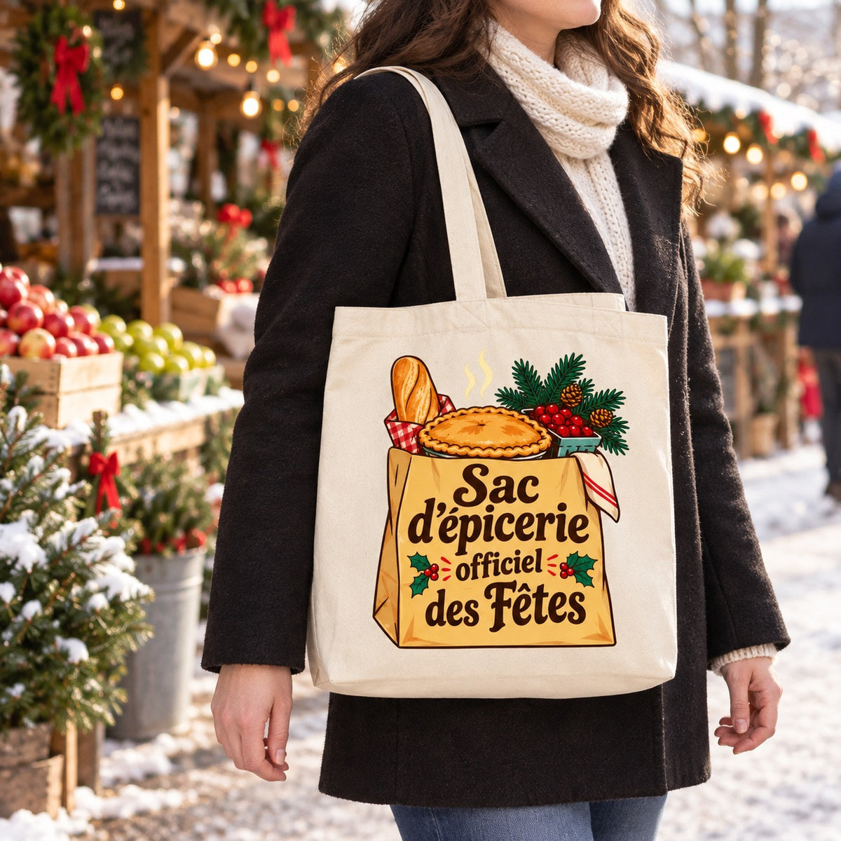 Tote bag « Sac d'épicerie officiel des Fêtes » Premium porté à l'épaule dans une rue québécoise en hiver