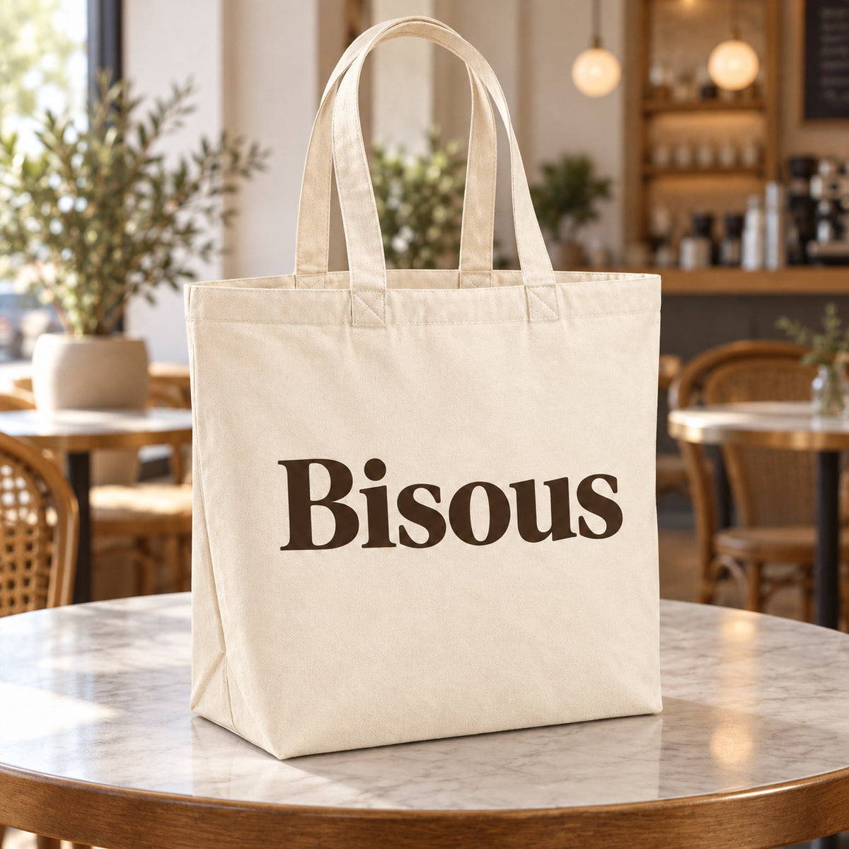 Tote bag « Bisous » Premium posé sur une table