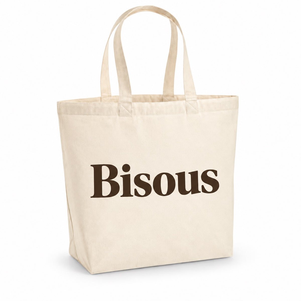 Tote bag « Bisous » Premium, cabas à soufflet en coton naturel 200 g/m² de 18 litres, typographie serif minimaliste