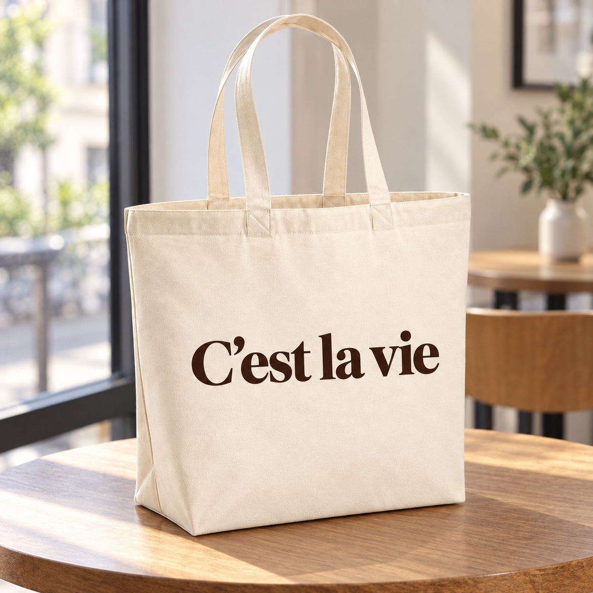 Tote bag « C'est la vie » Premium posé sur une table