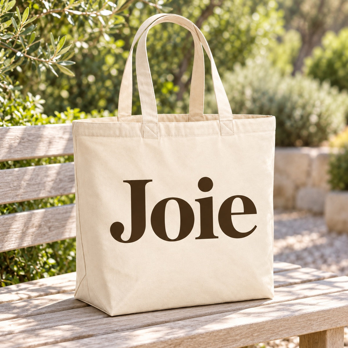 Tote bag « Joie » Premium posé sur une table