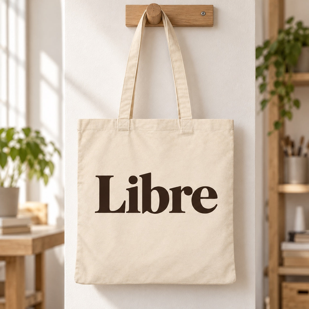 Tote bag « Libre » Essentiel suspendu à une patère
