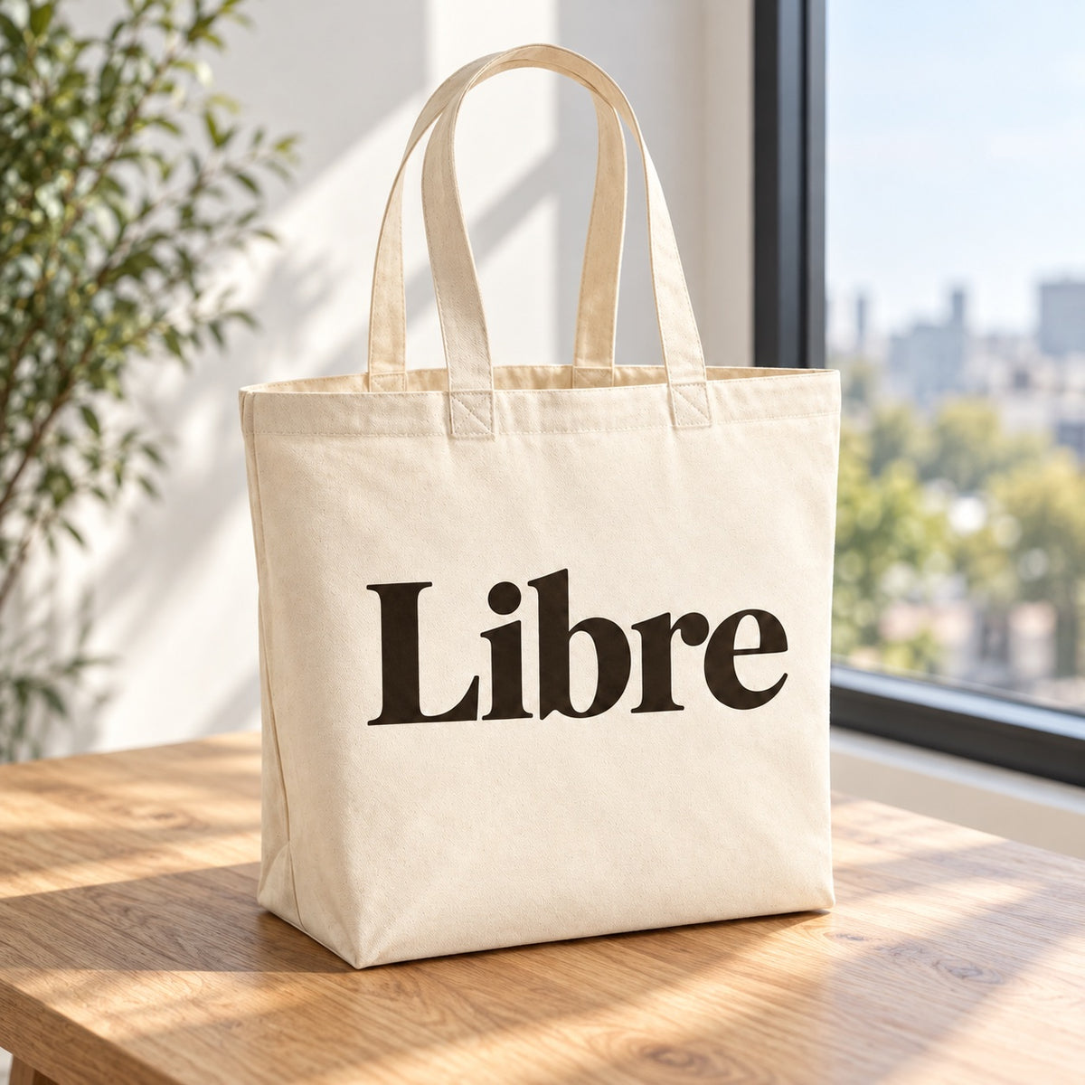 Tote bag « Libre » Premium posé sur une table