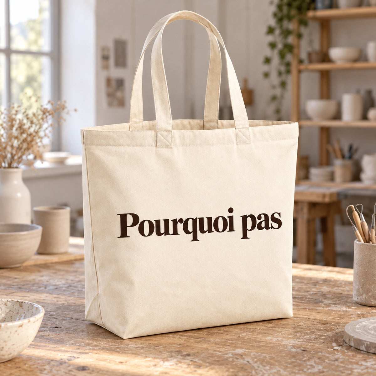 Tote bag « Pourquoi pas » Premium posé sur une table