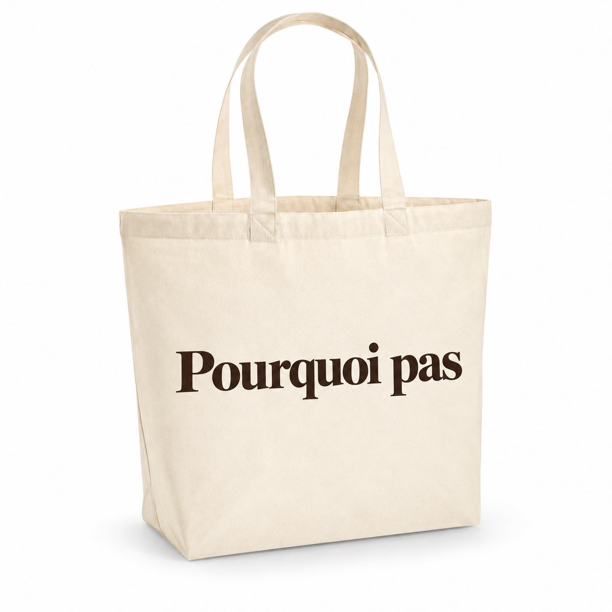 Tote bag « Pourquoi pas » Premium, cabas à soufflet en coton naturel 200 g/m² de 18 litres, typographie serif minimaliste