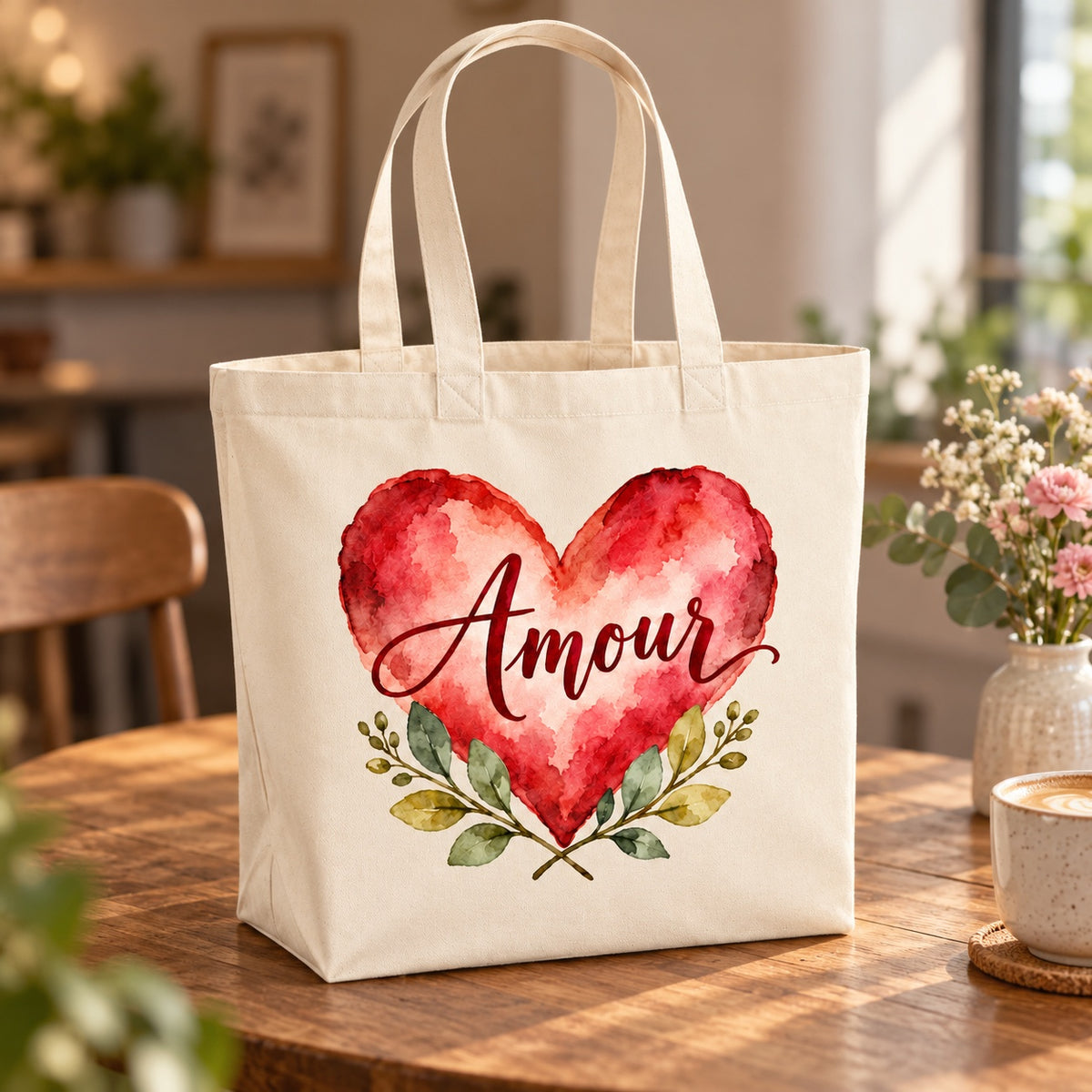 Tote bag « Amour » Premium posé sur une table de café
