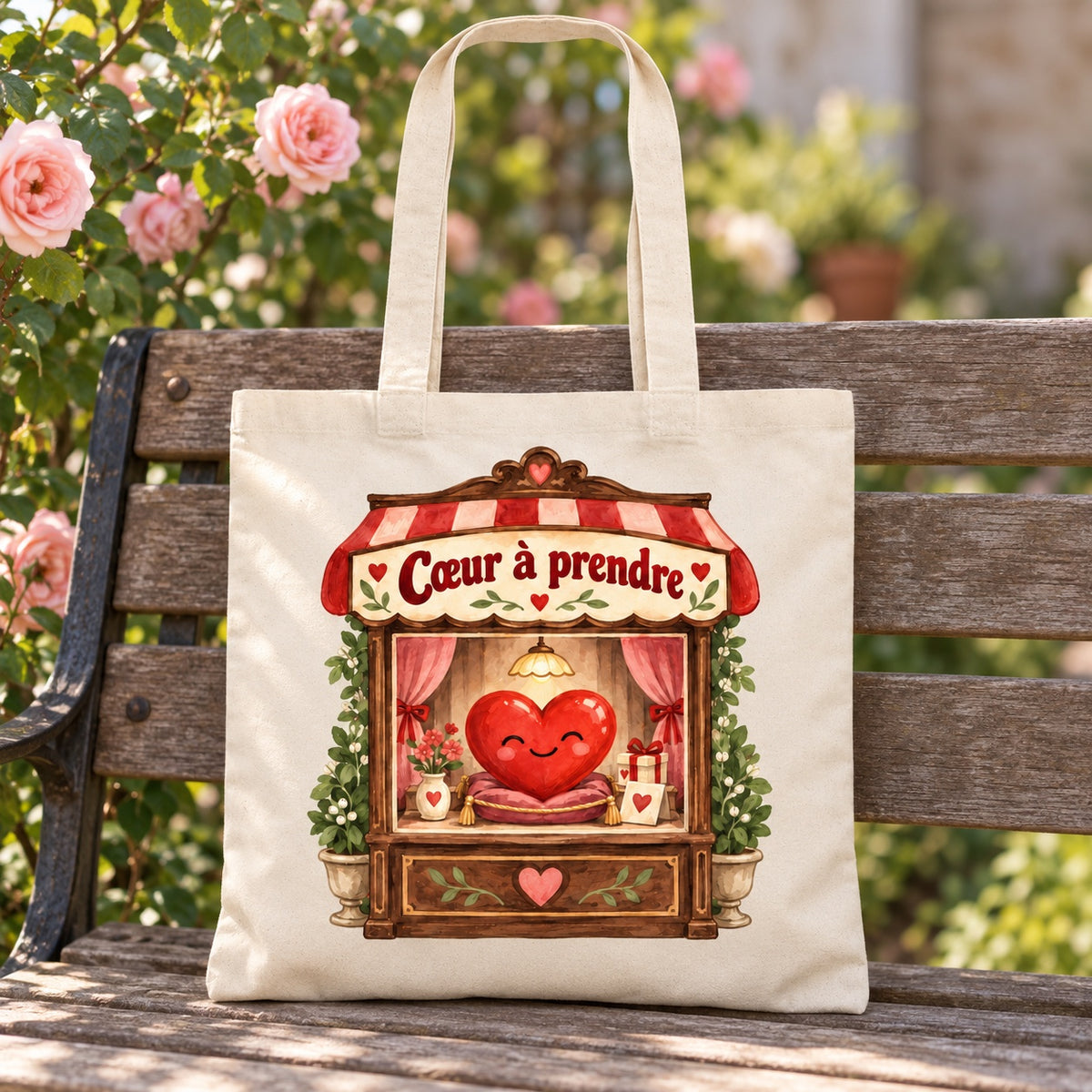 Tote bag « Cœur à prendre » Essentiel appuyé contre un banc de jardin près d'un rosier