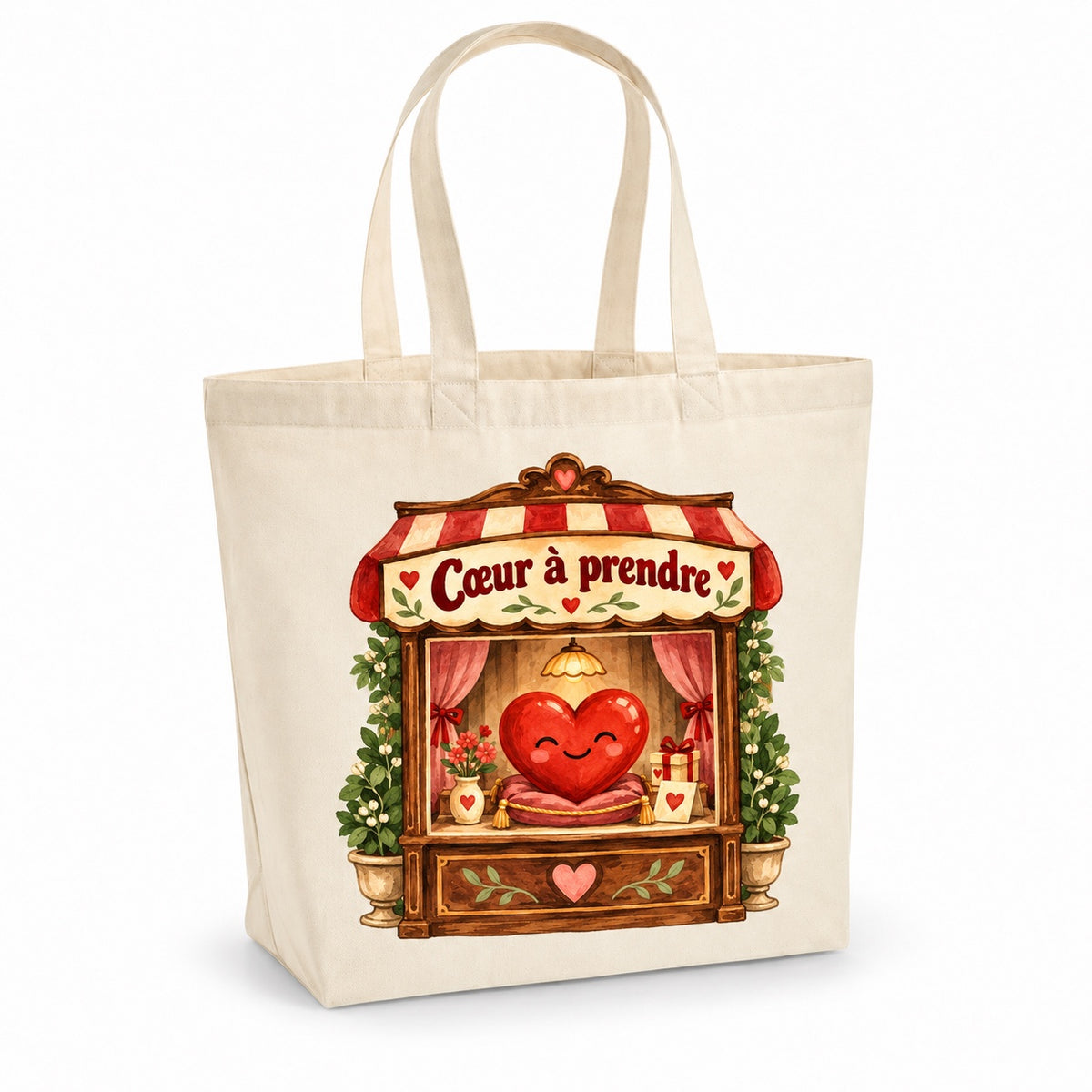 Tote bag « Cœur à prendre » Premium, cabas à soufflet en coton naturel 200 g/m² de 18 litres, illustration aquarelle rétro