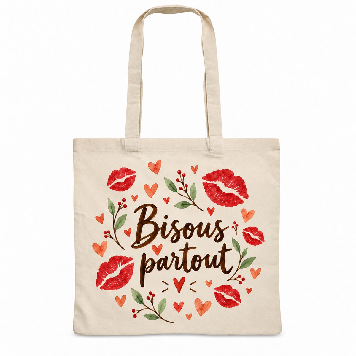 Tote bag « Bisous partout » Essentiel, sac plat en coton naturel 140 g/m² de 38 × 42 cm, illustration aquarelle rétro : des cœurs et des empreintes de baisers