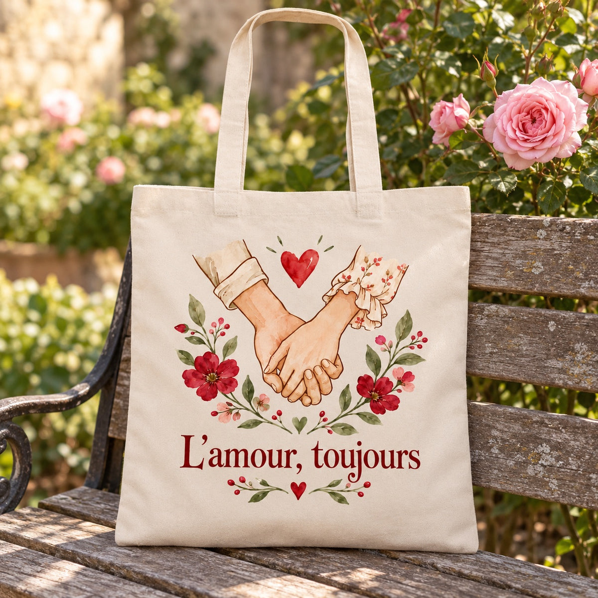 Tote bag « L’amour, toujours » Essentiel appuyé contre un banc de jardin près d'un rosier
