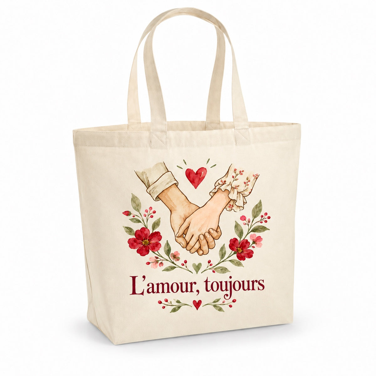 Tote bag « L’amour, toujours » Premium, cabas à soufflet en coton naturel 200 g/m² de 18 litres, illustration aquarelle rétro