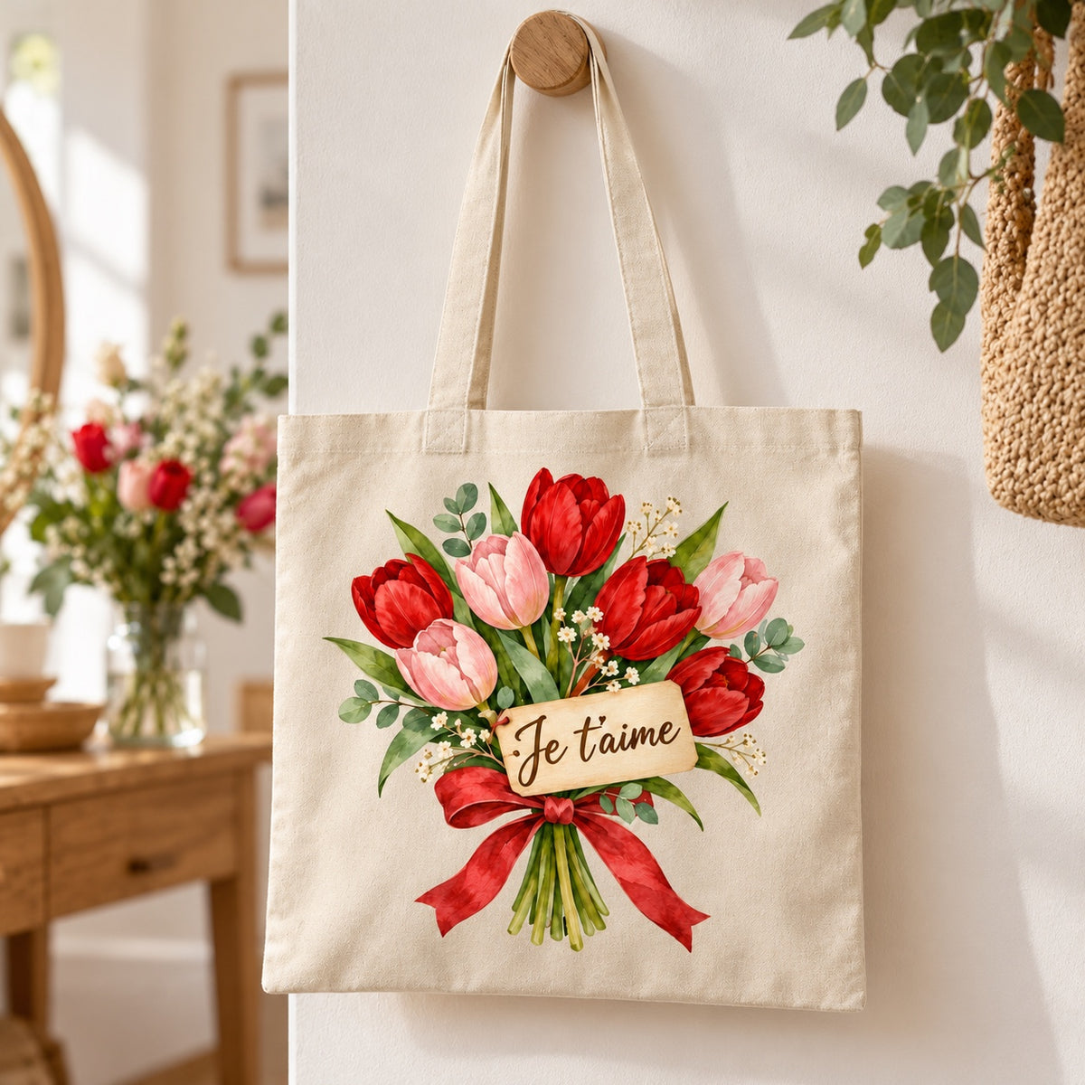 Tote bag « Je t’aime » Essentiel suspendu à une patère dans une entrée lumineuse