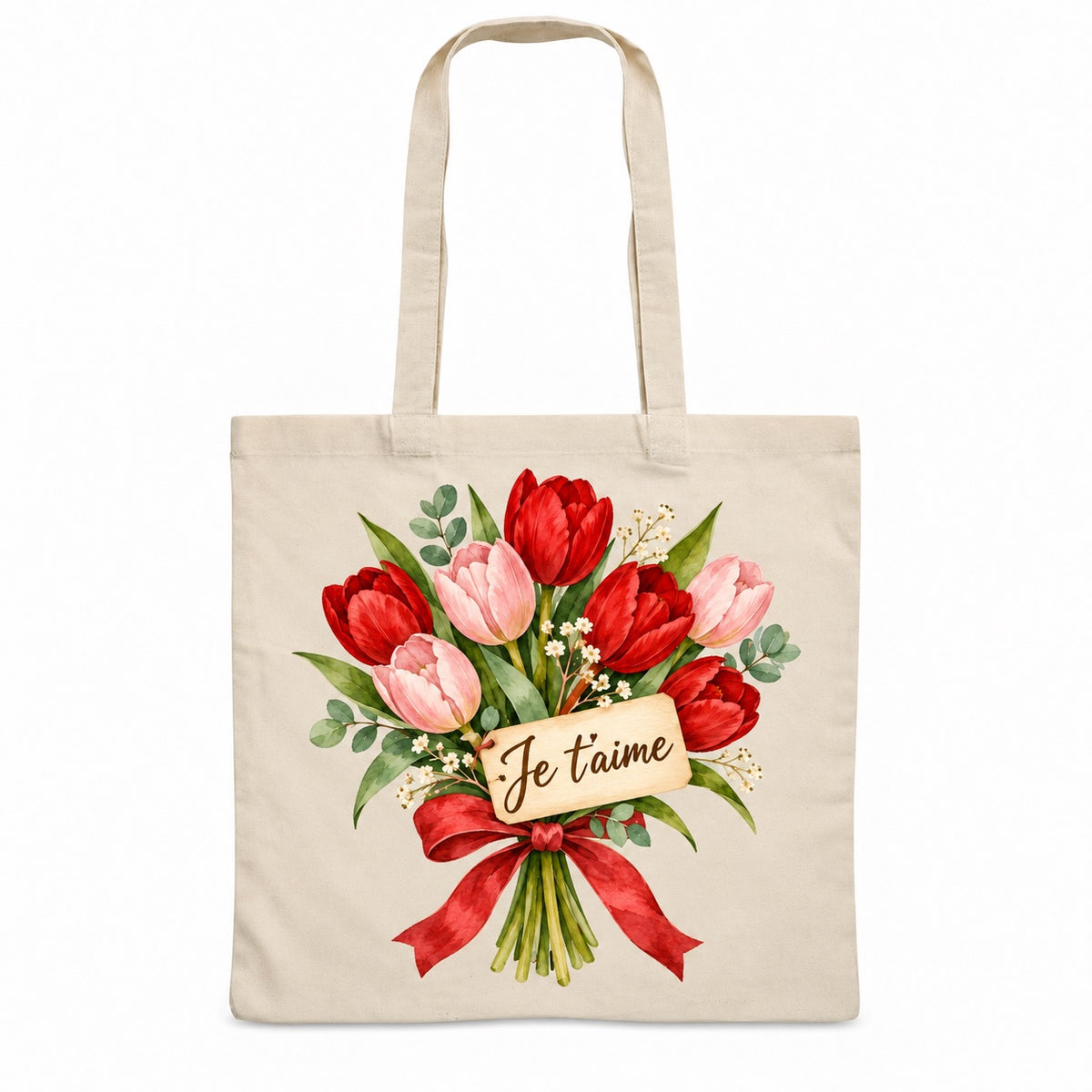 Tote bag « Je t’aime » Essentiel, sac plat en coton naturel 140 g/m² de 38 × 42 cm, illustration aquarelle rétro : un bouquet de tulipes