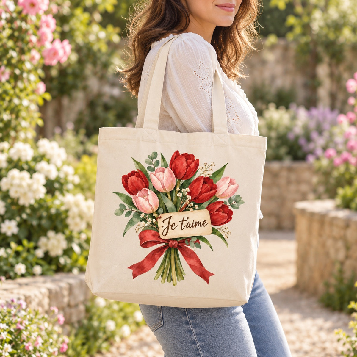 Tote bag « Je t’aime » Premium porté à l'épaule dans un jardin fleuri