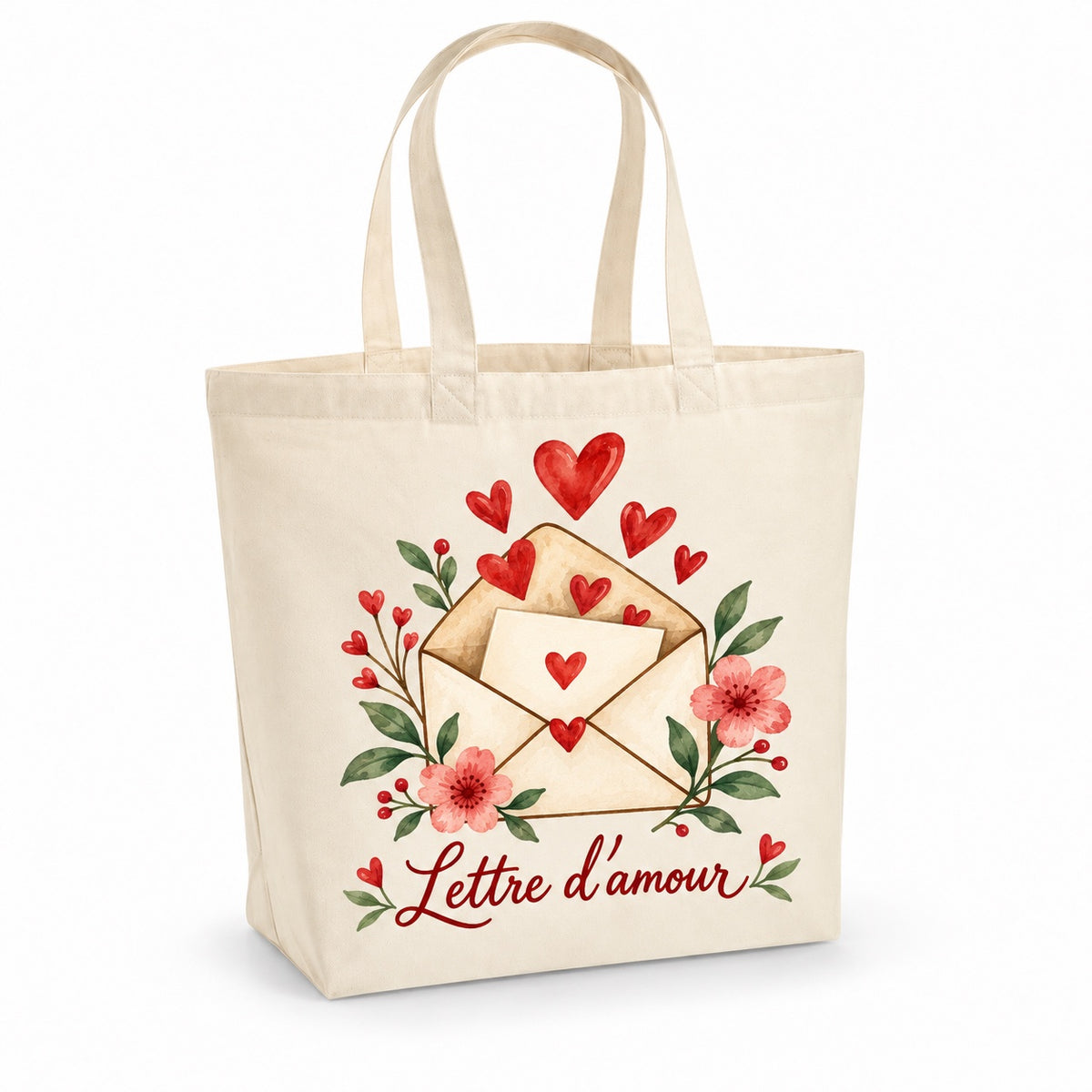 Tote bag « Lettre d’amour » Premium, cabas à soufflet en coton naturel 200 g/m² de 18 litres, illustration aquarelle rétro
