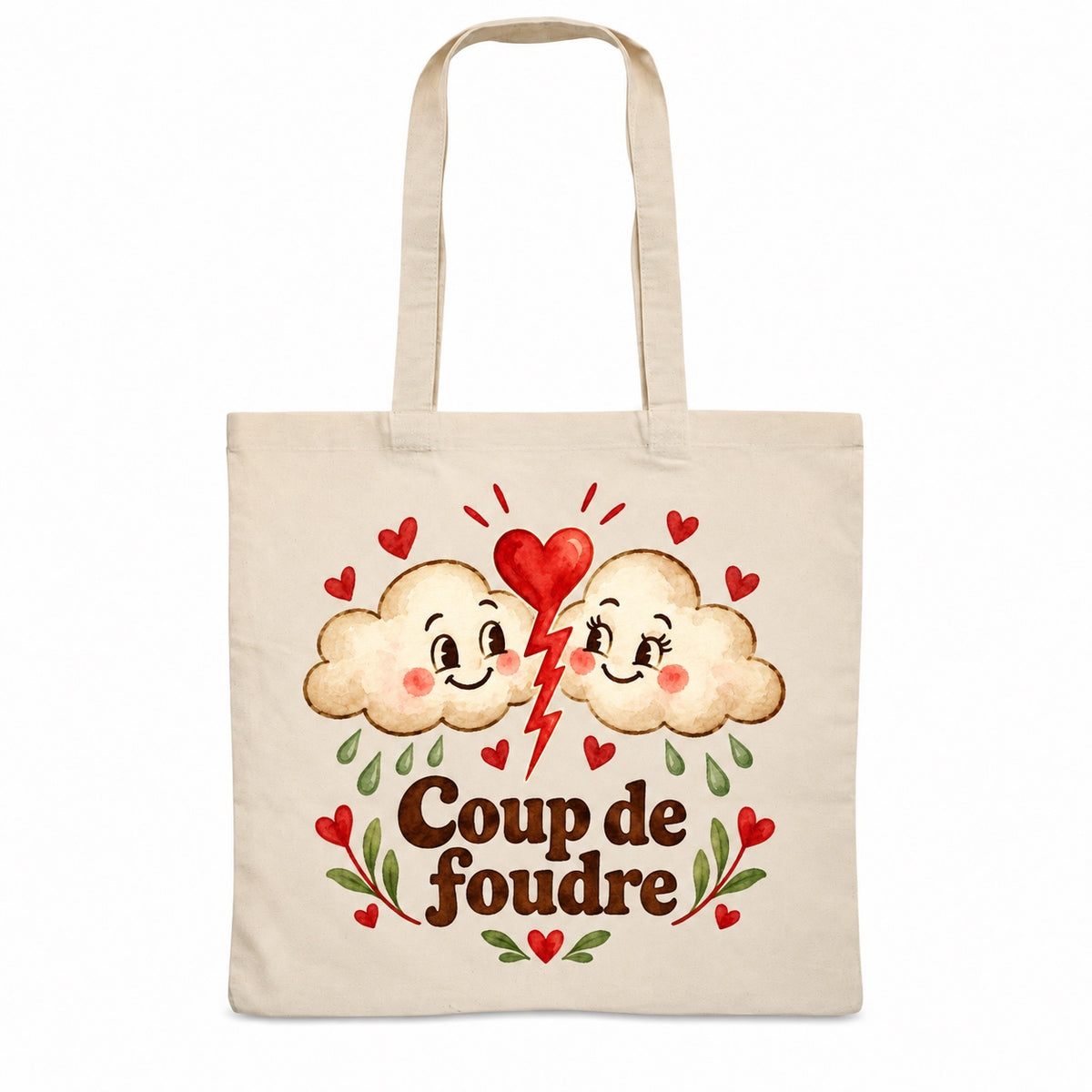 Tote bag « Coup de foudre » Essentiel, sac plat en coton naturel 140 g/m² de 38 × 42 cm, illustration aquarelle rétro : deux nuages et un éclair en cœur