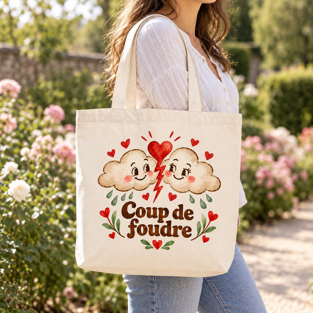 Tote bag « Coup de foudre » Premium porté à l'épaule dans un jardin fleuri