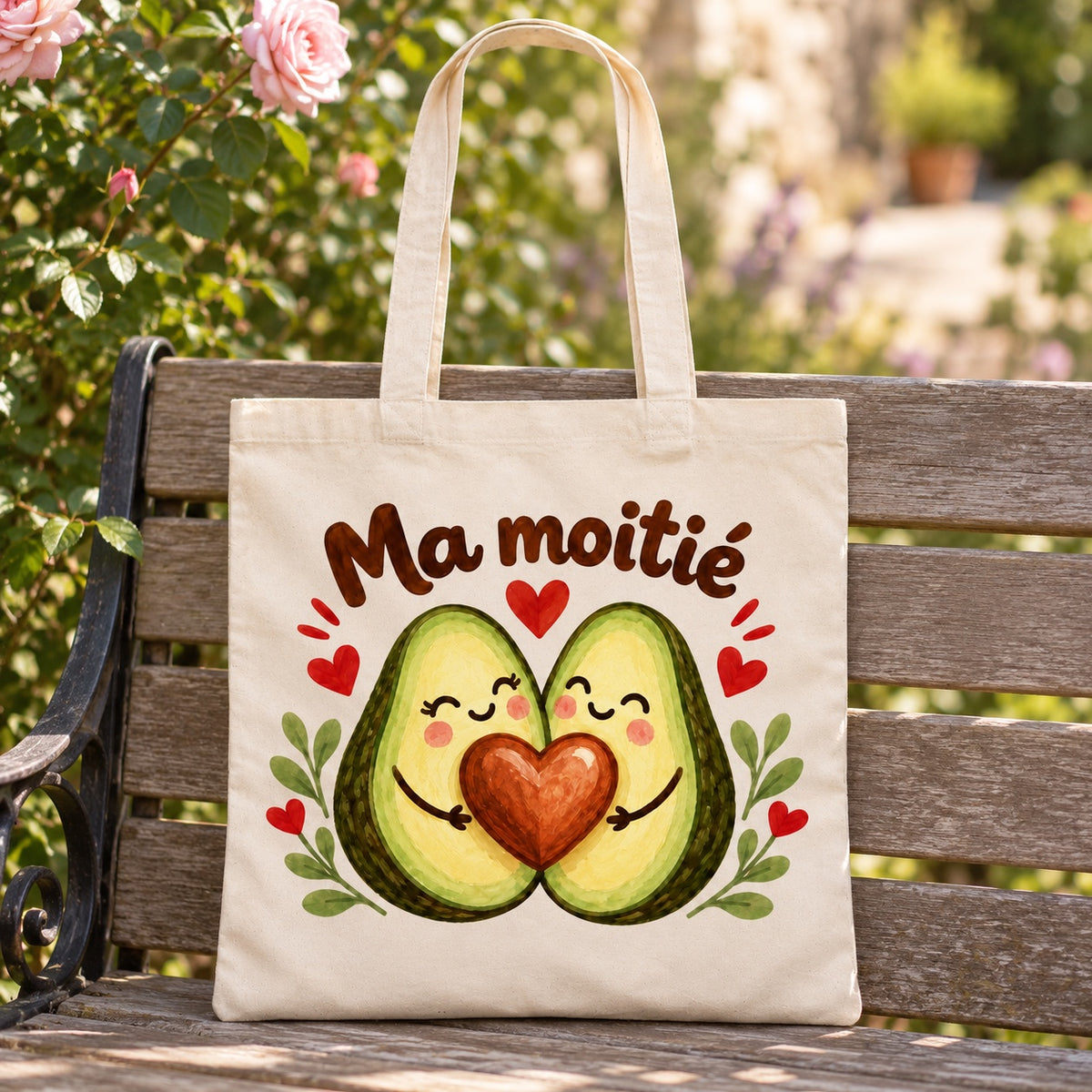 Tote bag « Ma moitié » Essentiel appuyé contre un banc de jardin près d'un rosier