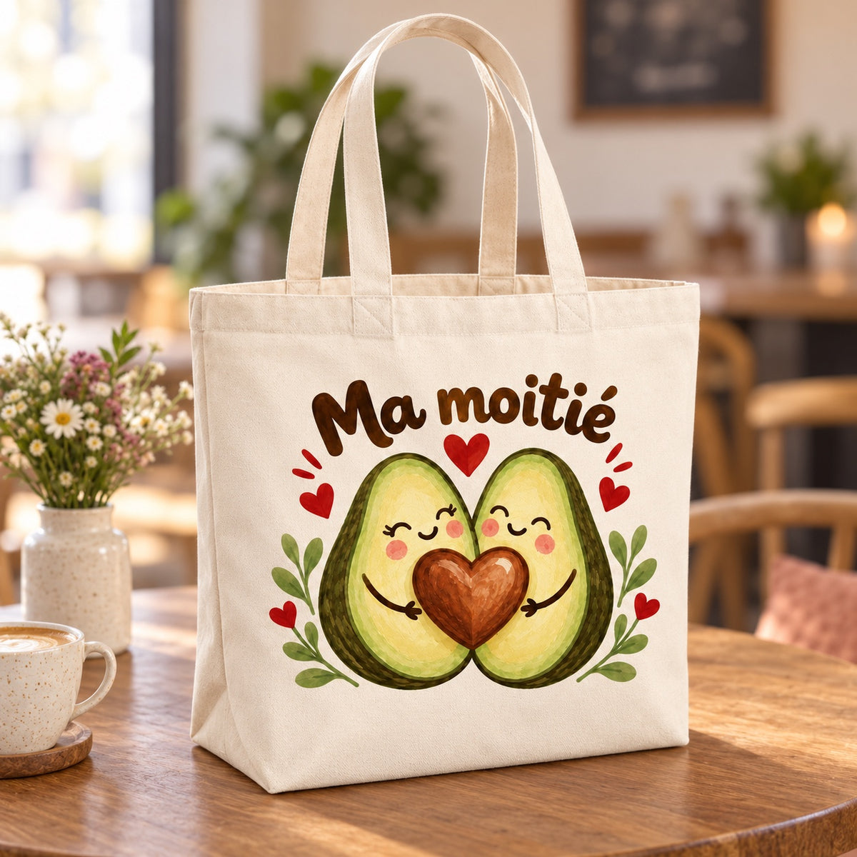 Tote bag « Ma moitié » Premium posé sur une table de café