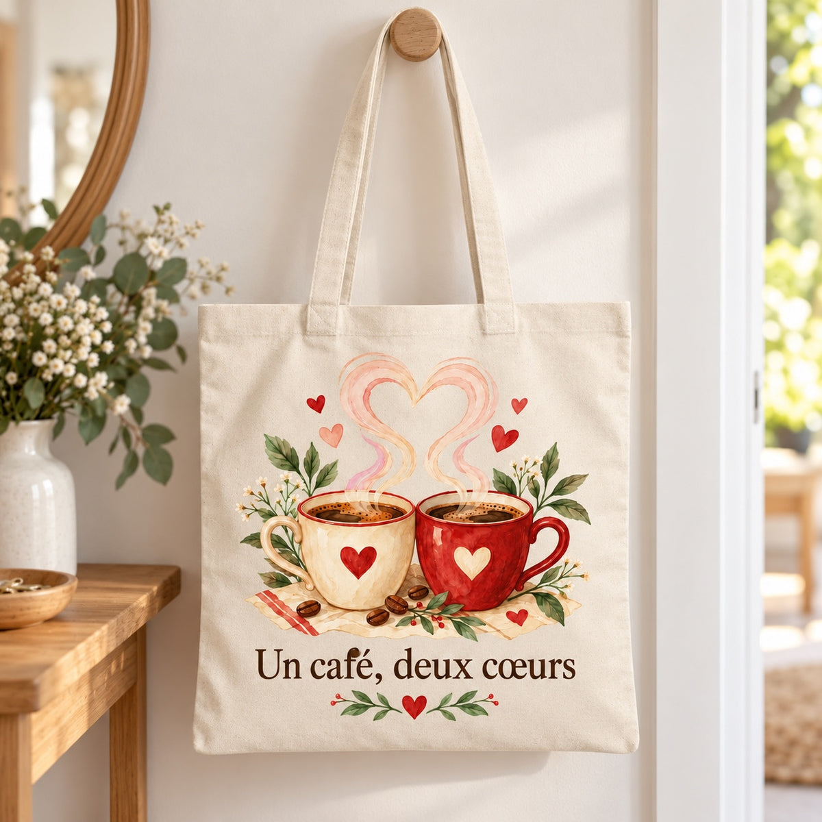 Tote bag « Un café, deux cœurs » Essentiel suspendu à une patère dans une entrée lumineuse