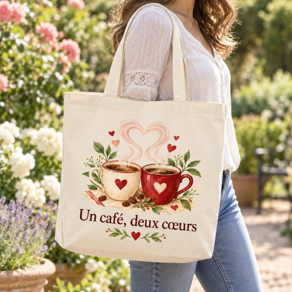Tote bag « Un café, deux cœurs » Premium porté à l'épaule dans un jardin fleuri